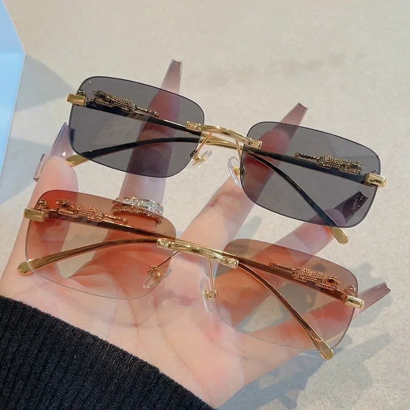 Korean Retro Square Rimless Sunglasses Seaside Cheetah Decoration Frameless Gradient Lens Eyeglasse Outdoor UV Protective Shades