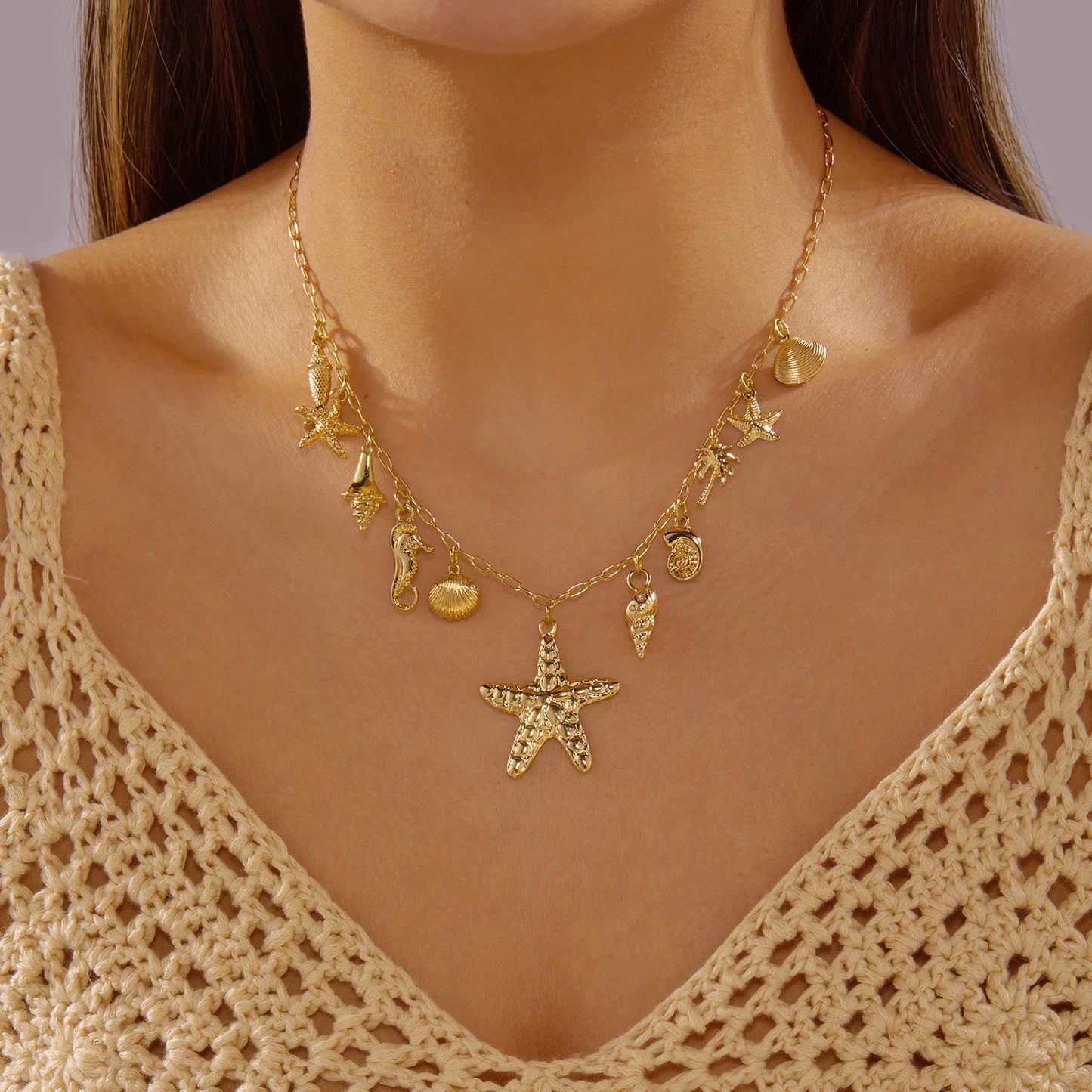 Resort Style Starfish Shell Seahorse Conch Multi Pendant Necklace for Women Beach Boho Ocean Layered Dainty Chain Jewelry Gift