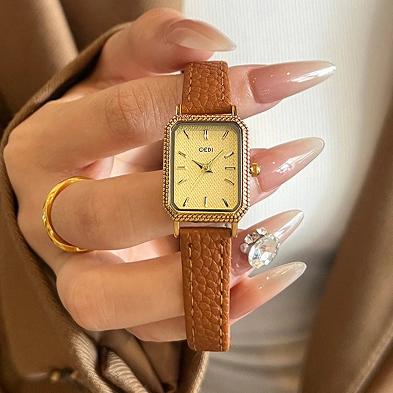 GEDI Ladies Small Wristwatches Elegant Square Vintage Watches for Woman Girlfriend Leather Strap Quartz Watch Gifts New