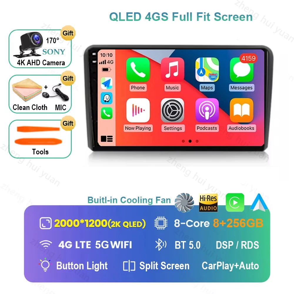 For Audi A3 8P 2003 2004 - 2013 Android 16 GPS WIFI 4G Carplay&Auto Car Radio Navigation QLED Multimedia Stereo Player BT