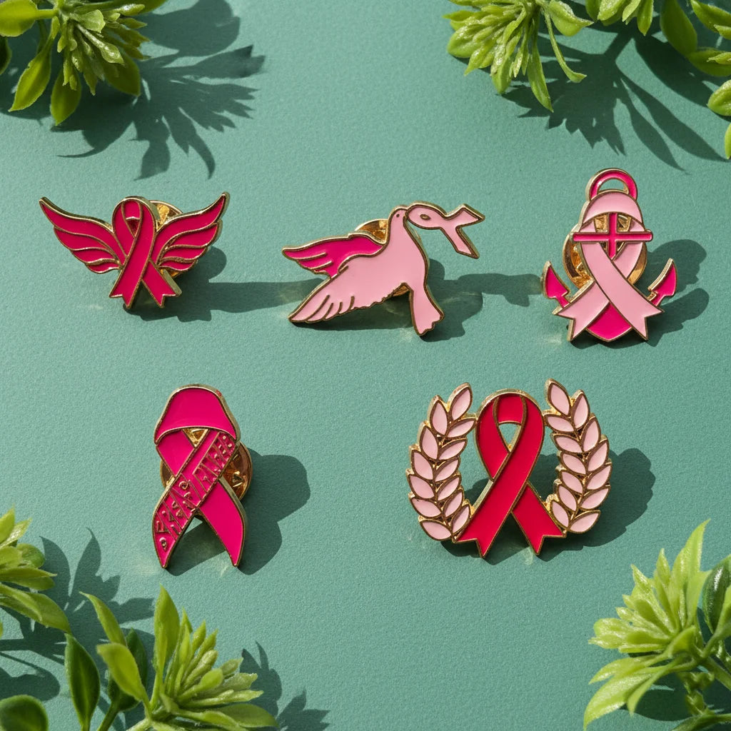 5pcs Pink Ribbon Enamel Pins Set, Breast Cancer Awareness Gifts for Women, Support Survivor Fighter Brooch Badges