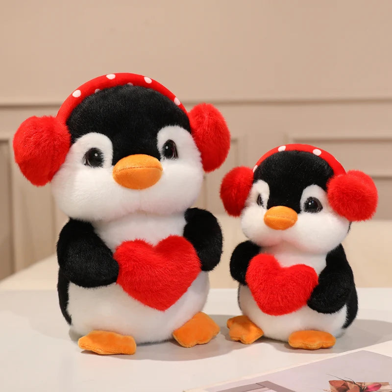 Cute Standing Earphone Penguin Doll Stuffed Holding Red Heart Say Love Cartoon Animal Toy Standing Plushie Birthday Gift