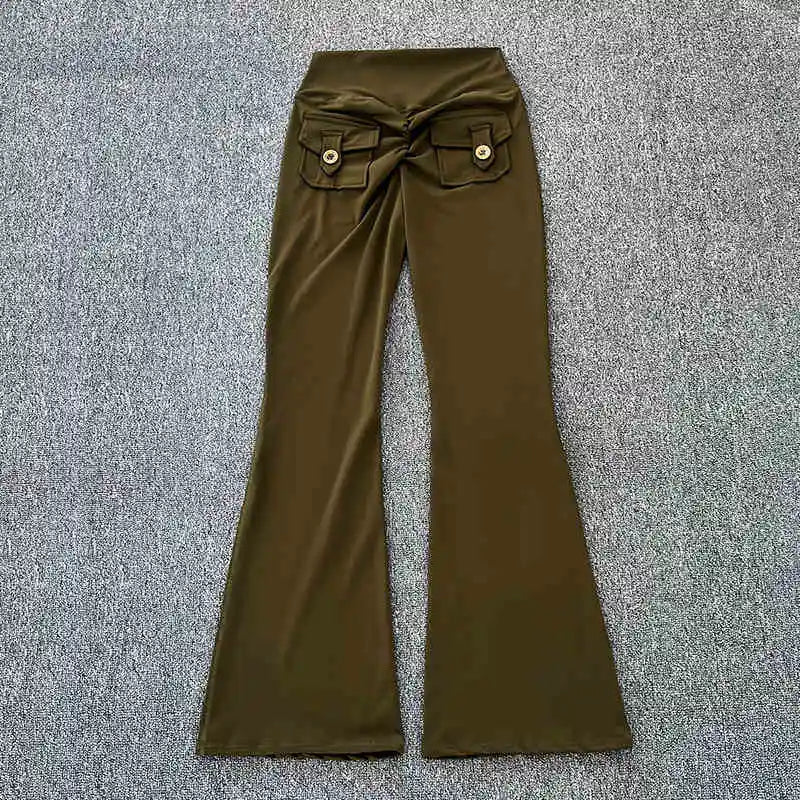 Polyamide Nude High Waist Cargo Pocket Long Yoga Fitness Gym Flare Long Pants Women Activewear