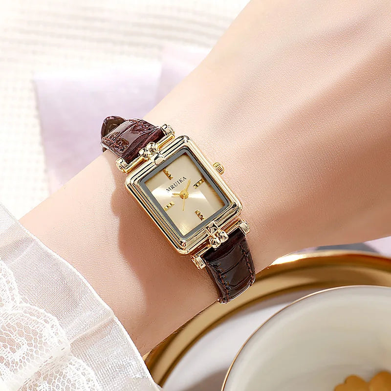 Retro Brand Ladies Watch Simple Gold Square Leather Strap Wristwatch Women Fashion Quartz Clock Gift Relógio Feminino Wholesale