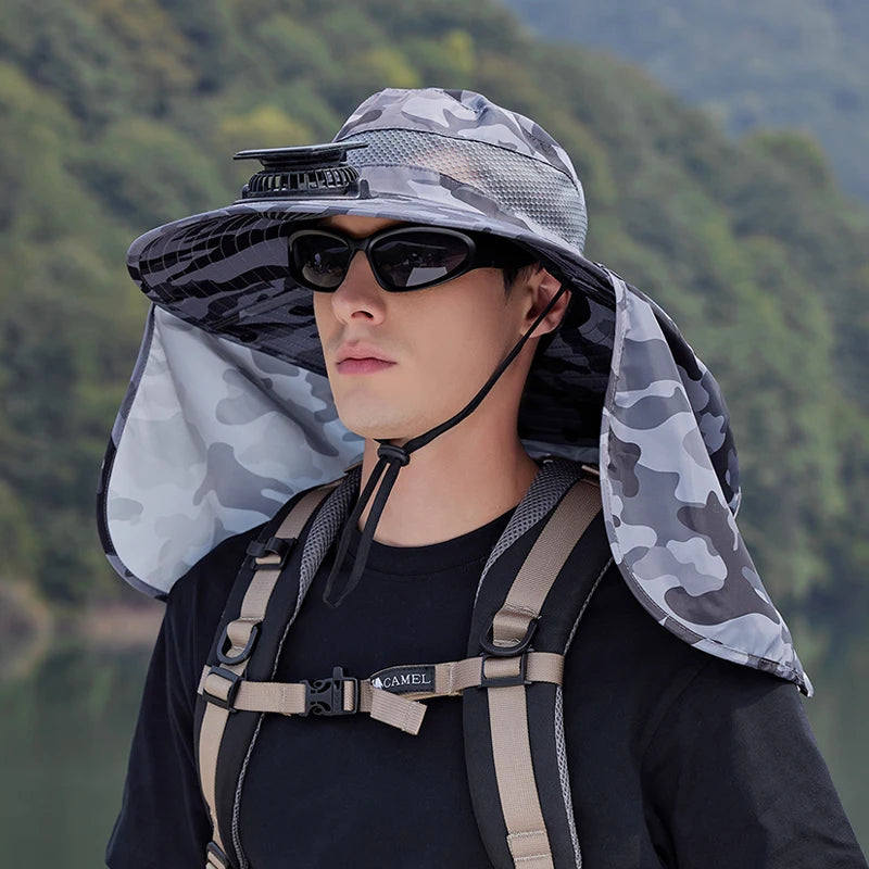 9208-1Men's sun hat 1Solar fan fishing hat, wide-brimmed sunhat outdoor summer camping, beach use, Type-c and solar power supply