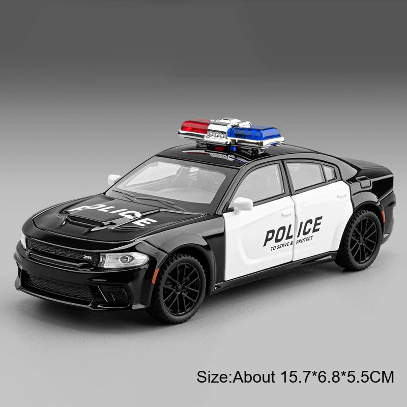 1:32 Charger 911 DaKar Alloy Police Car Model Miniature Toy Rear Wheel Return Force Light Music Door Opened Vehice Boy Xmas Gift