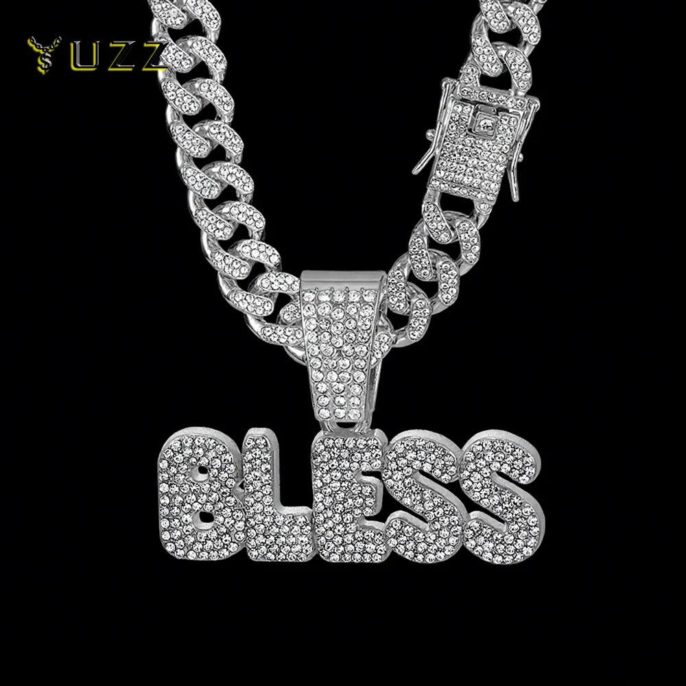 Hip Hop Letter BLESS Pendant Necklace for Women Men Shiny Rhinestones 13MM Cuban Chain Crystal Necklaces Fashion Jewelry Gifts