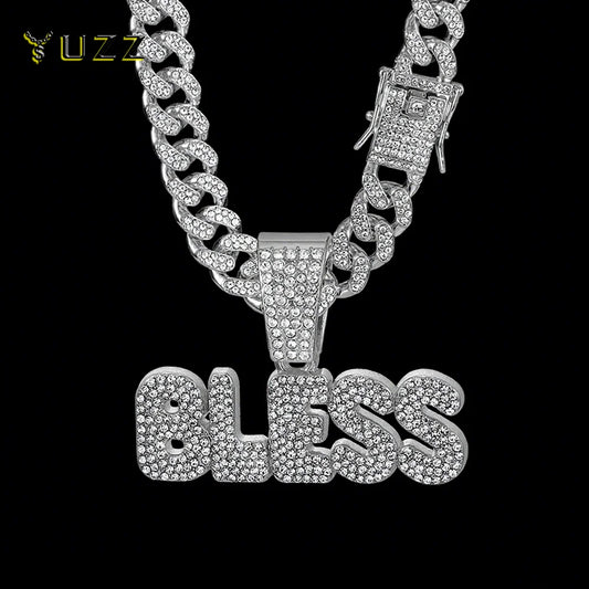 Hip Hop Letter BLESS Pendant Necklace for Women Men Shiny Rhinestones 13MM Cuban Chain Crystal Necklaces Fashion Jewelry Gifts