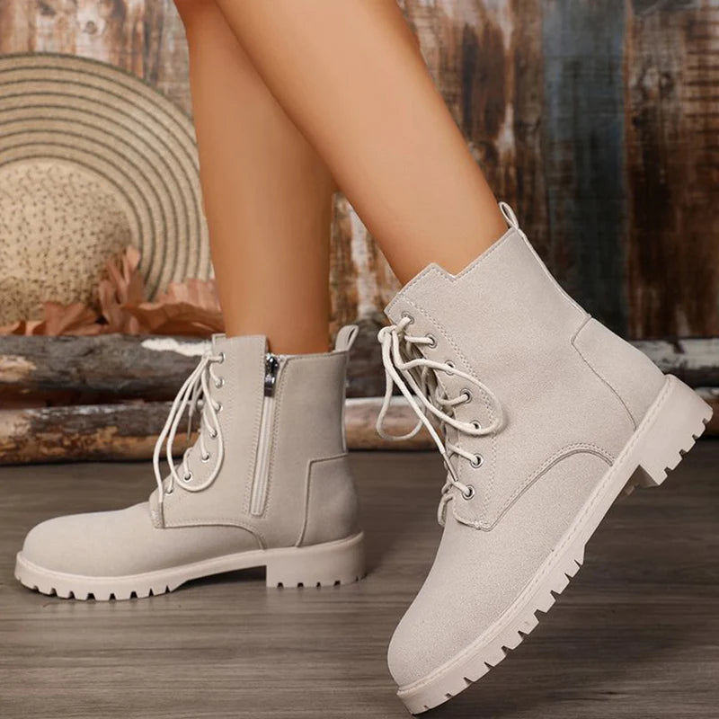 Retro Solid Zip Ankle Boots for Women Autumn Winter Square Heel Lace-Up Women\'s Boots Plus Size Round Toe Shoes of Woman