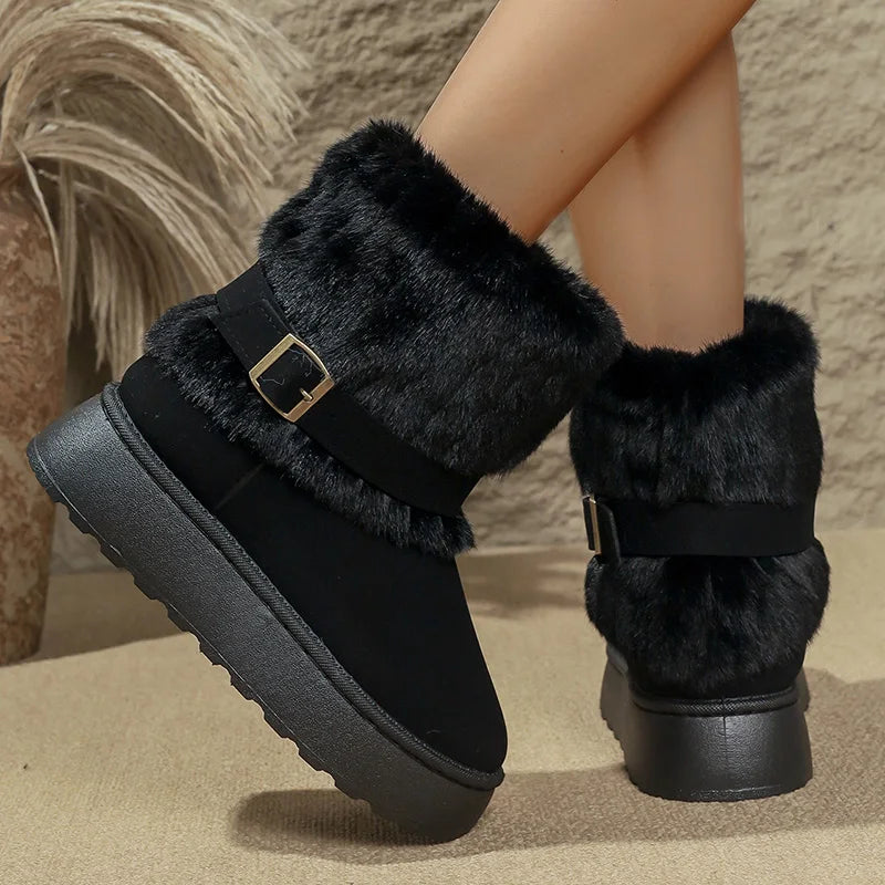 Fashion Buckle Fluffy Fur Boots Women Comfortable Winter Slip On Platform Snow Boots Woman Thick Sole Furry Ankle Botas Mujer