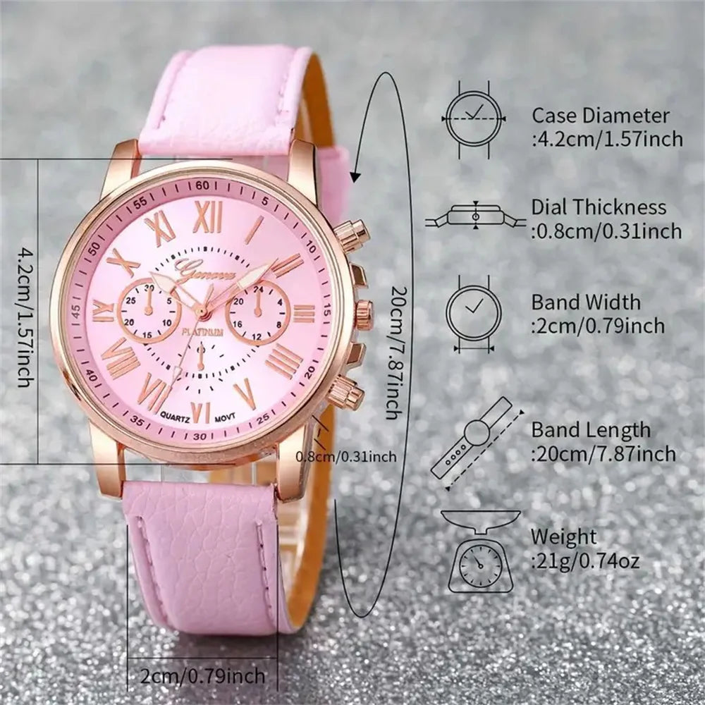 6PCS/Set Women's Quartz Watch Leather Band Analog Wrist Watches Jewelry w/o Box
