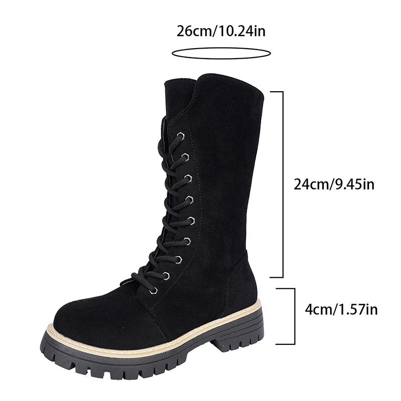 Plus Size 43 Flock Platform Mid Calf Boots Women Fashion Lace Up Thick Sole Riding Boots Woman Side Zipper Autumn Winter Botas