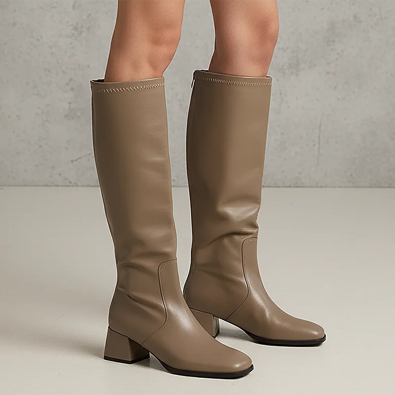 Black Pu Leather Knee High Boots Women Fashion Back Zipper High Heels Long Boots Woman Plus Size 35-42 Thick Heel Knight Boots