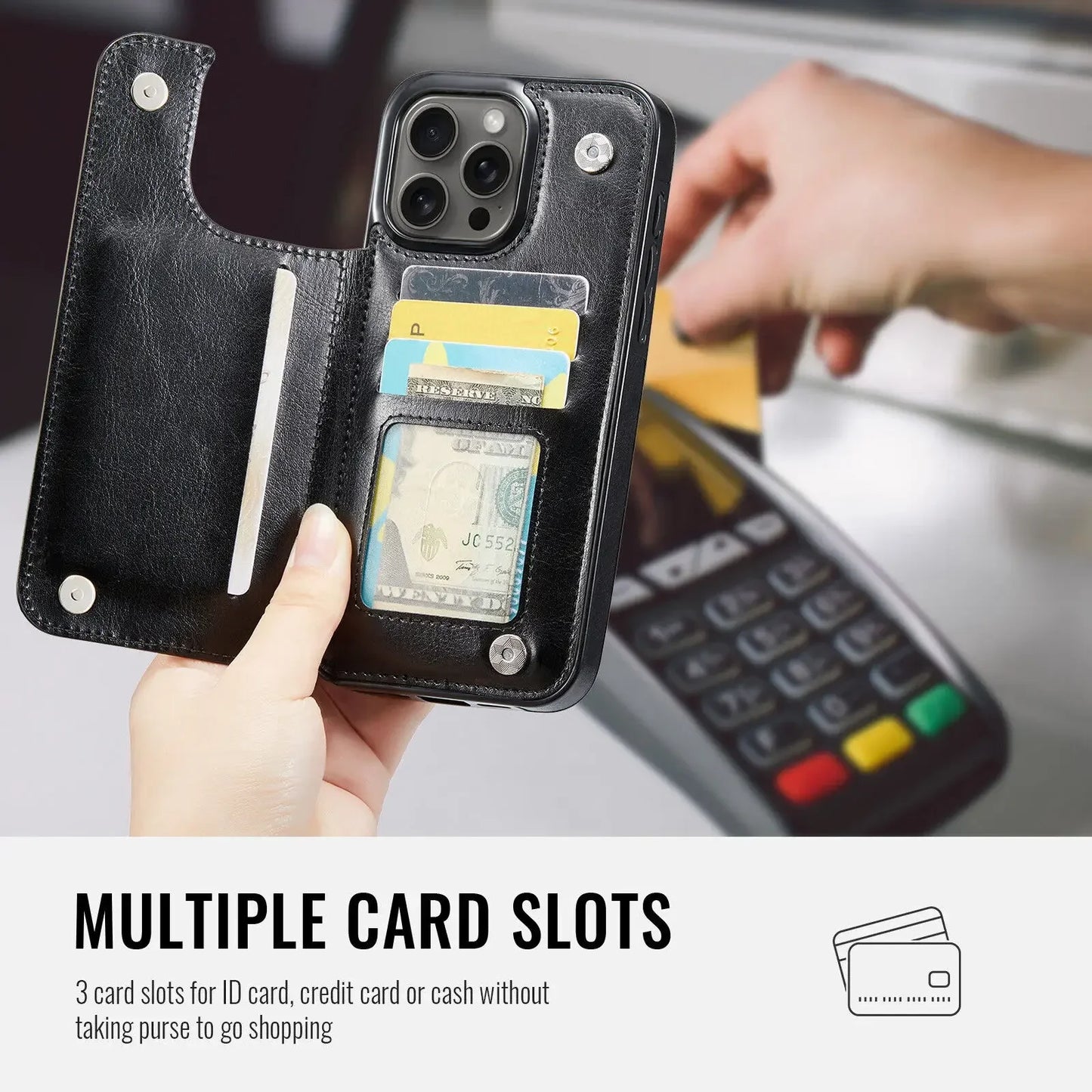 Black Wallet Card Holder iPhone 16 15 14 13 12 11 Pro Max XS XR Leather Cover