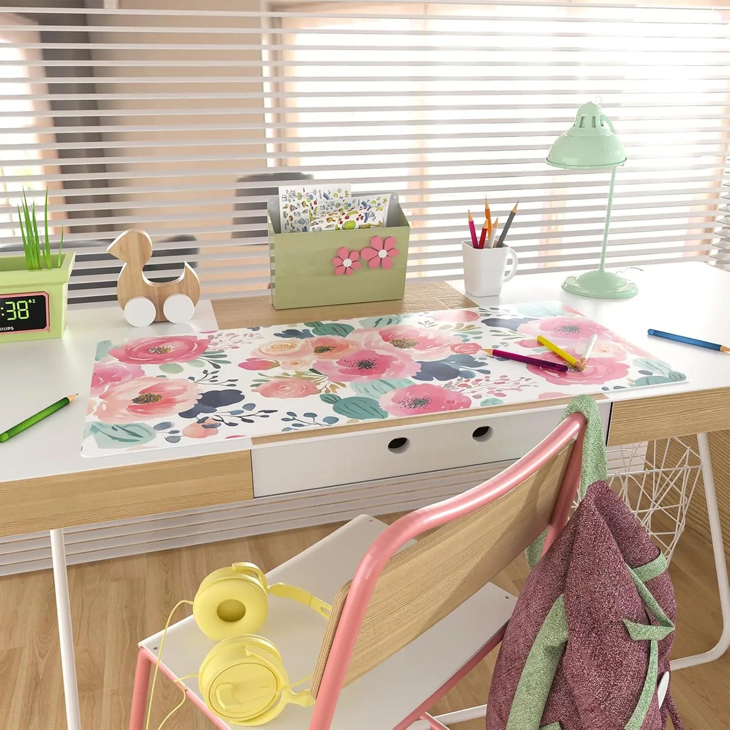 Leather Desk Pad Protector,Mouse Pad, Pink Flower Office Desk Mat, Waterproof Keyboard Mat for School Home Office Girl women
