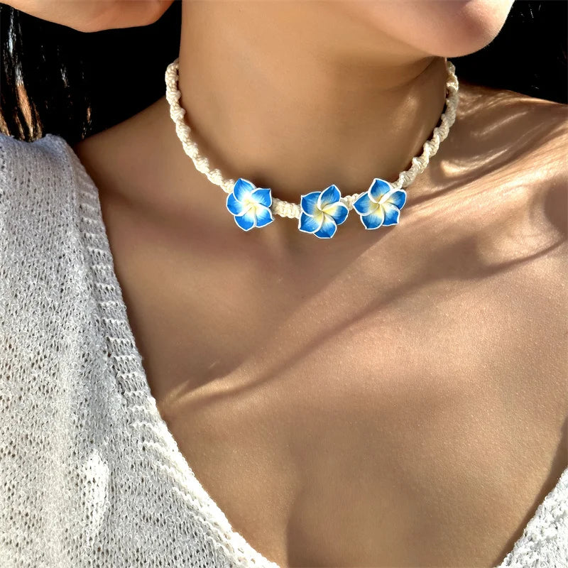 Bohemia Polymer Clay Beaded Flower Necklace for Women Handmade Woven Rope Chain Choker Necklace Summer Beach Jewelry Accessories