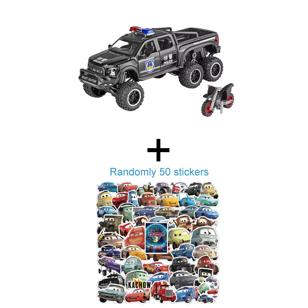 1/28 Raptor F150 Pickup Model Car Toys Diecast Alloy Off-road Police Cars 6 Doors Opened Sound Light Pull Back Toy For Kids Gift