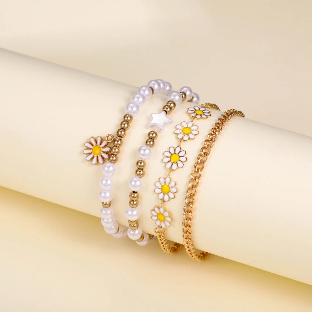 5pcs/Set Lovely Creative Pentagram Daisy Pearl String Handmade Bracelet Watch