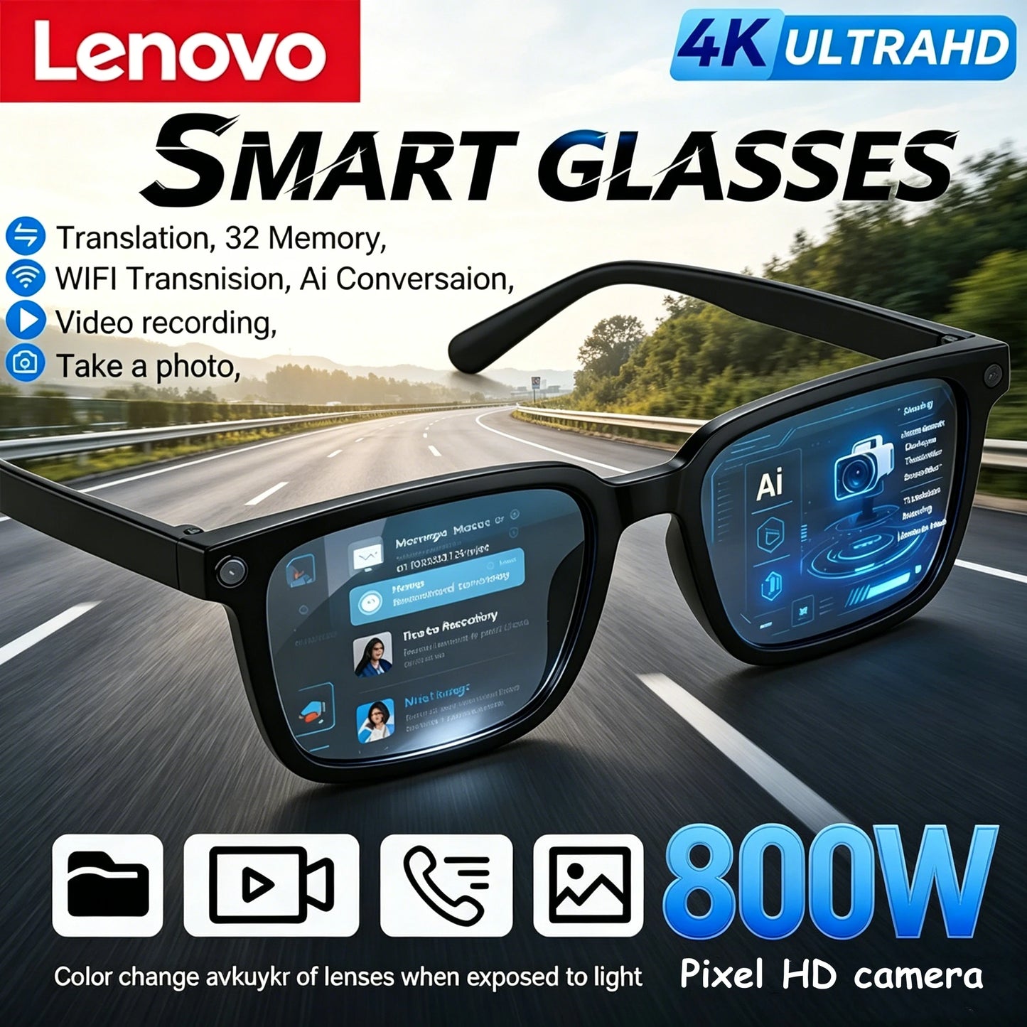 Lenovo AI Smart Glasses AI Translation 4K HD Camera 8MP Shooting Image Bluetooth Call Recording Music Smart Sunglasses
