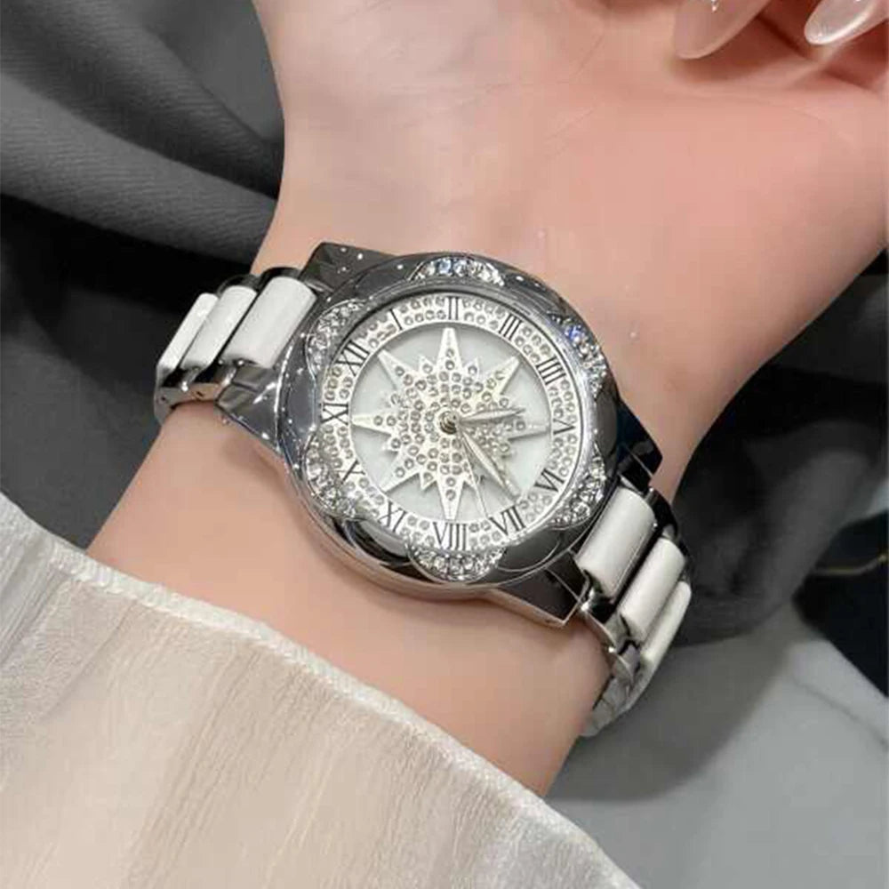 Ladies Watch Luxury Rotate Diamond Dial Wristwatch Waterproof Fashionable Elegant High End Temperament Round Woman Watches