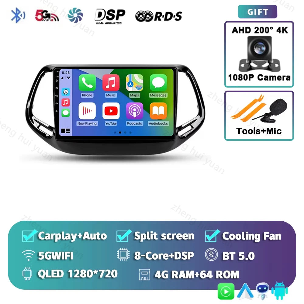 2K QLED For Jeep Compass 2 MP 2016 - 2018 Android 15 CarPlay Auto Car Radio Multimedia Video Player GPS stereo Head Unit 4G WIFI