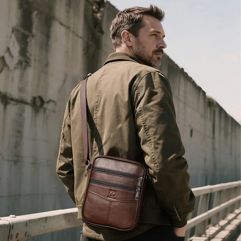 BULLCAPTAIN Genuine Leather Men's Casual Business Crossbody Bag Multi-Function 7.9 Inch Tablet Single Shoulder Bag