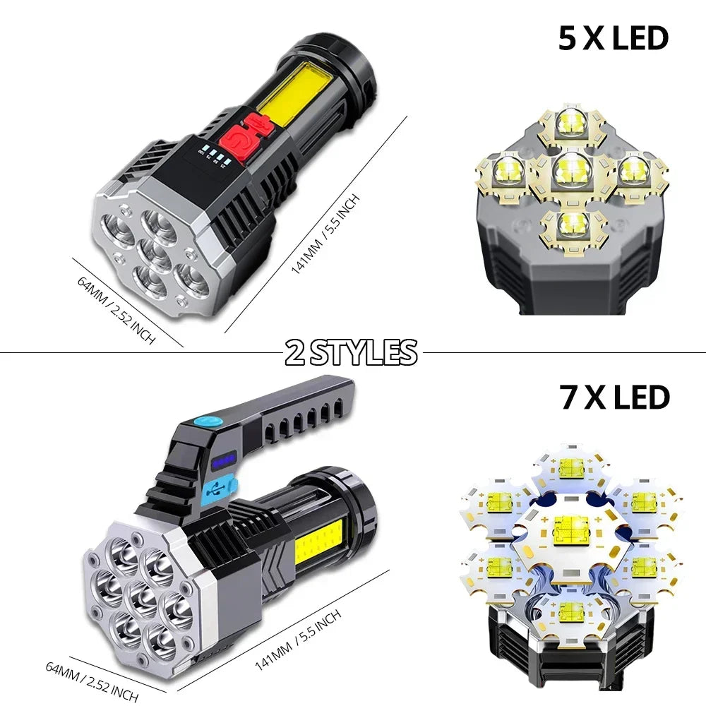 High Power Rechargeable LED Flashlight, 7-LED Camping Torch with COB Side Light
