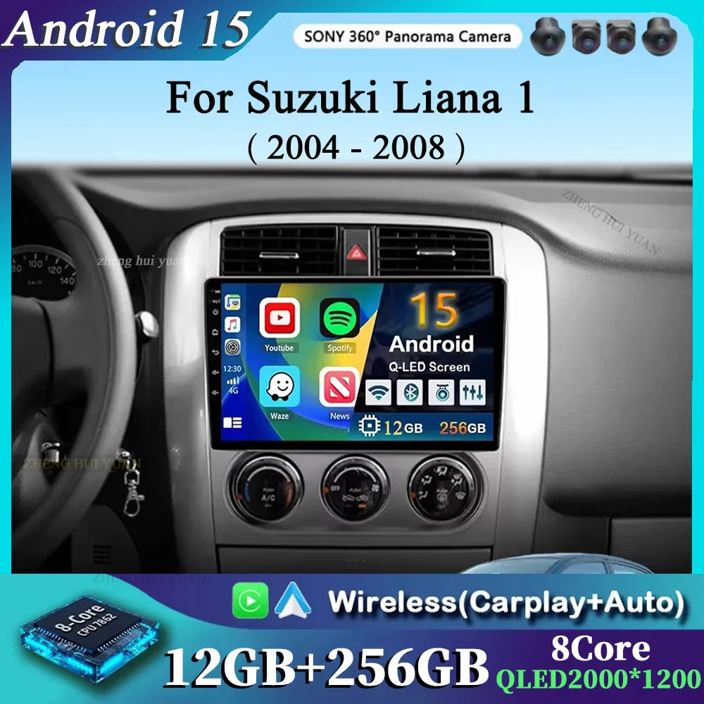 For Suzuki Liana 1 2004 - 2008 2K 12+256 QLED Android 15 CarPlay Car Radio Multimedia Video Player GPS stereo Head Unit 4G WIFI