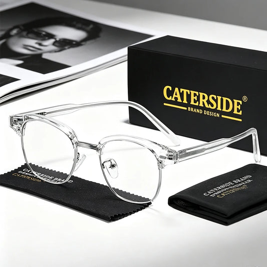 CATERSIDE Retro Men Anti Blue Light Glasses Premium Tr-90 Half Frame Glasses Holder Women Computer Reading Protective Glasses