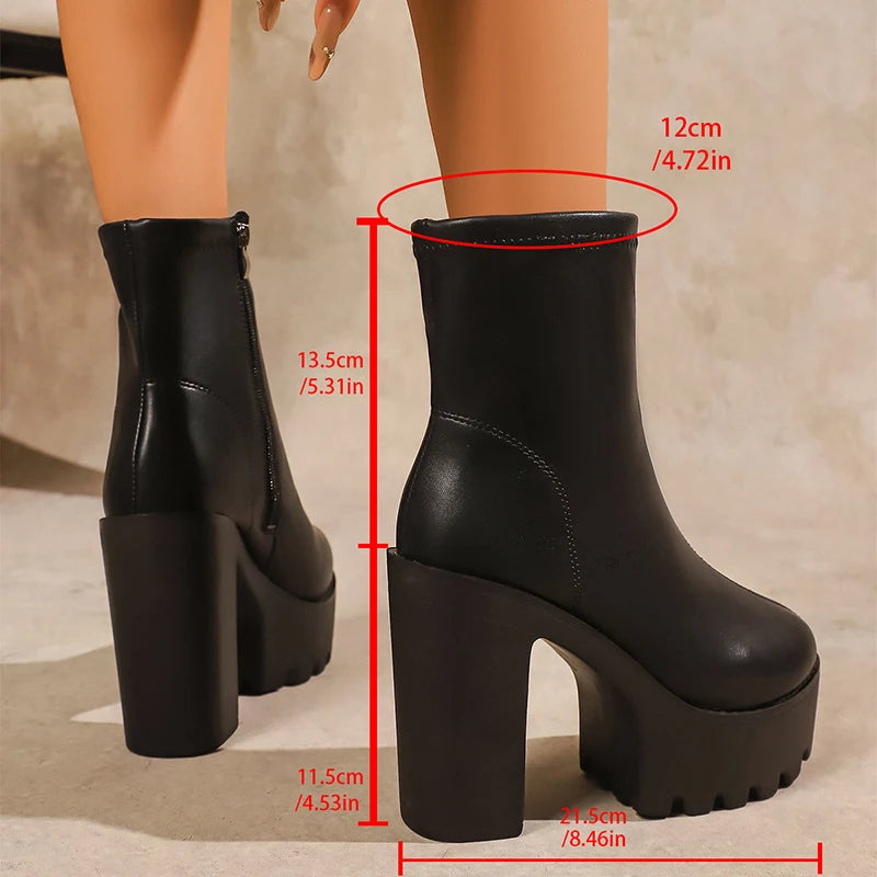 Black Chunky High Heels Boots for Women Plus Size 43 Zipper Thick Heel Ankle Boots Woman 2026 Platform Punk Gothic Botas Mujer