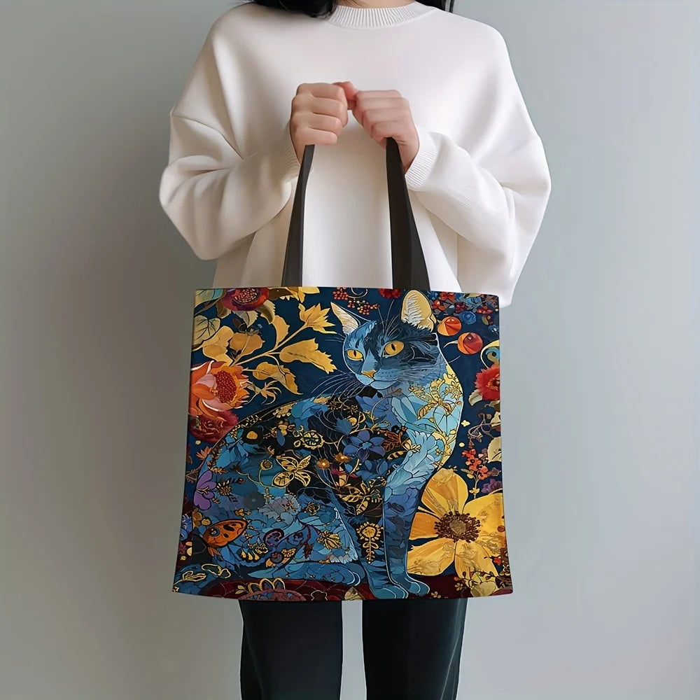 Abstract Cat Tote Bag, Cute Quirky Small Animal Shoulder Bag, Linen Eco Handbag