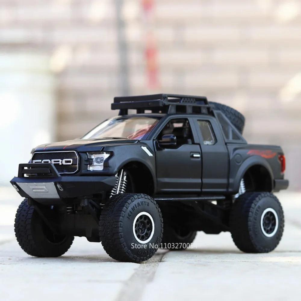 Scale 1/32 Raptor F150 Cars Model Toys Diecast Alloy Pickup Metal Body Rubber Tires with Sound Light Vehicles Toy Gifts for Kids
