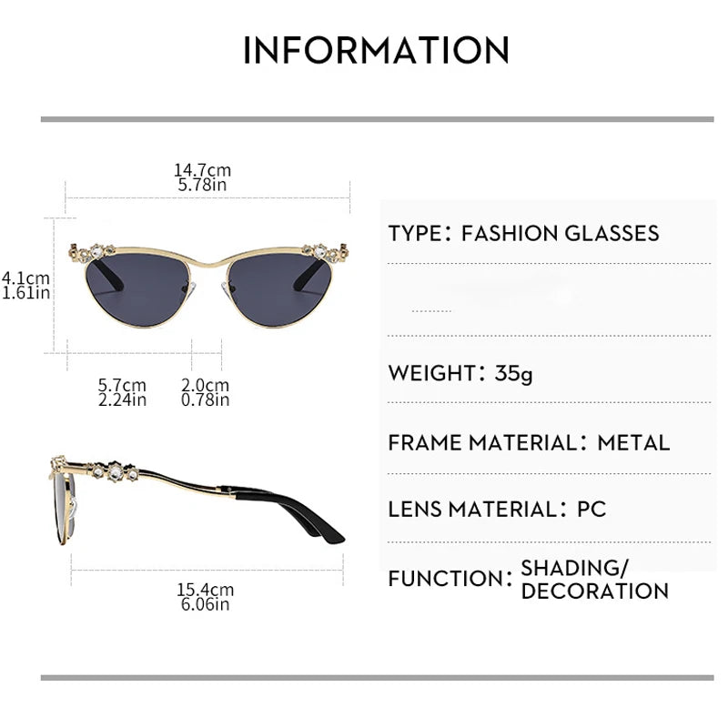 JNPCXI Cat Eye Punk Rhinestones Sunglasses Women Luxury Brand Metal Frame Sun Glasses for Lady Fashion Outdoor Eyewear Shades