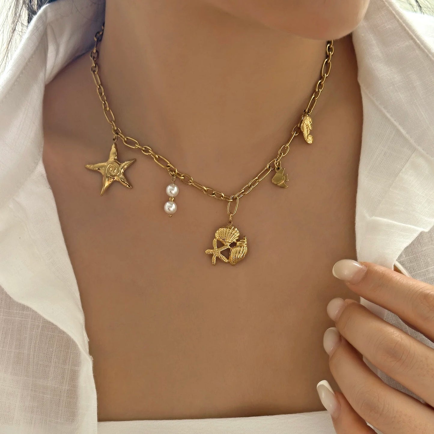 Charming Ceramic Fish Sea Turtle Sun Starfish Pendant Necklace for Women Stainless Steel Gold Color Necklace Beach Party Jewelry