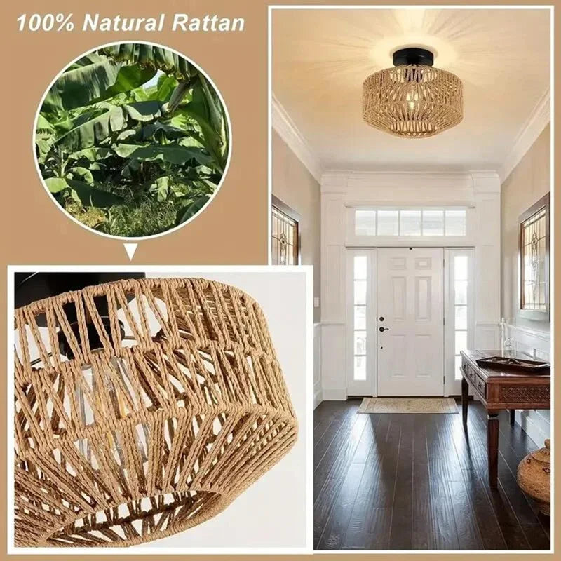 Natural Bamboo Ceiling Chandelier Hanging Lamp Handmade Rattan Weaving Home