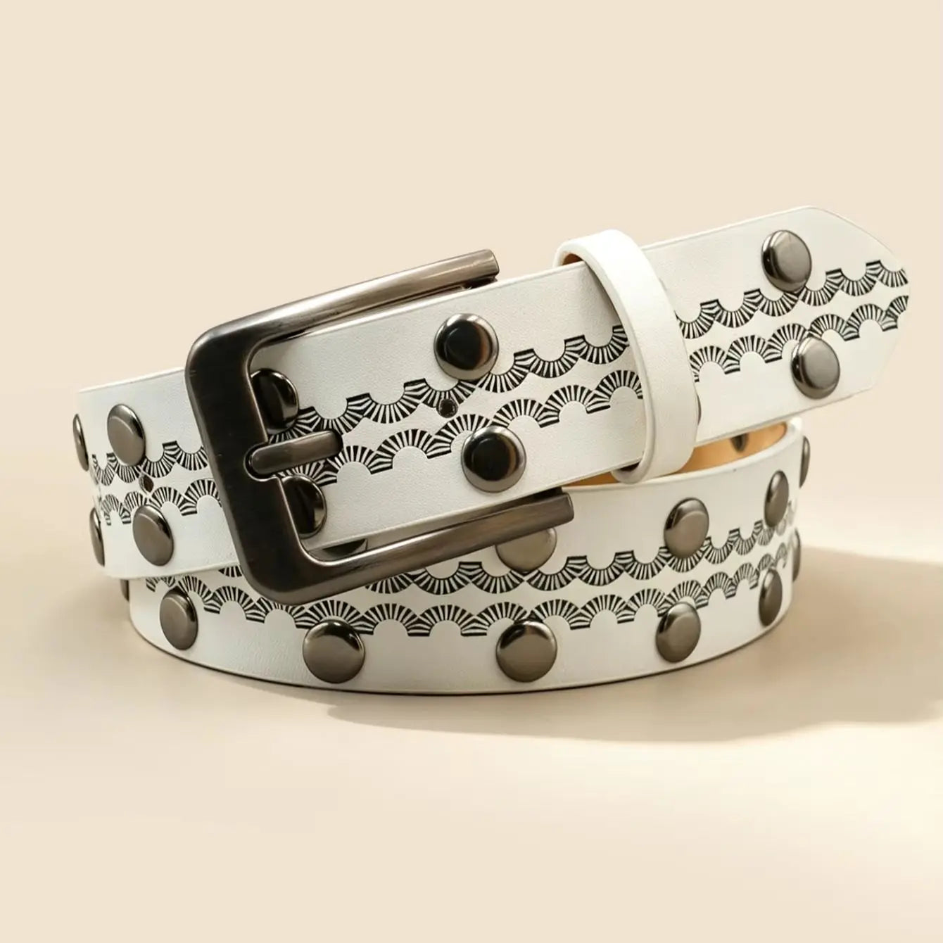 White Vintage Rivet Printed Belt, Gunmetal Square Buckle Embossed Unisex Casual Waistband