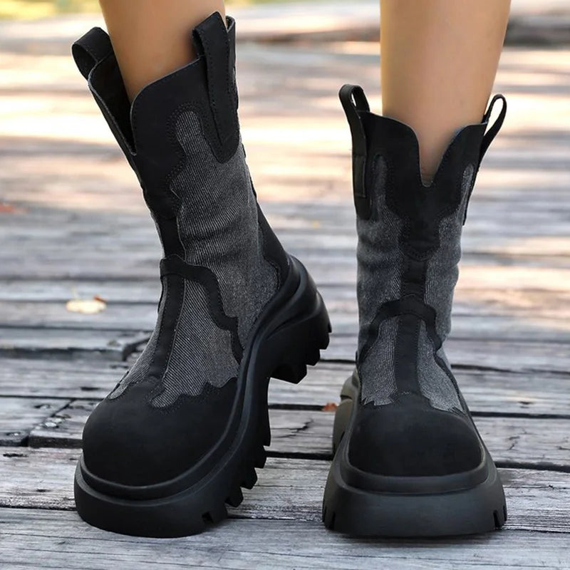 Retro Zipper Up Black Khaki Women's Boots Autumn Winter High Heel Platform Ankle Boots Woman Anti Slip Wedges Botas Mujer