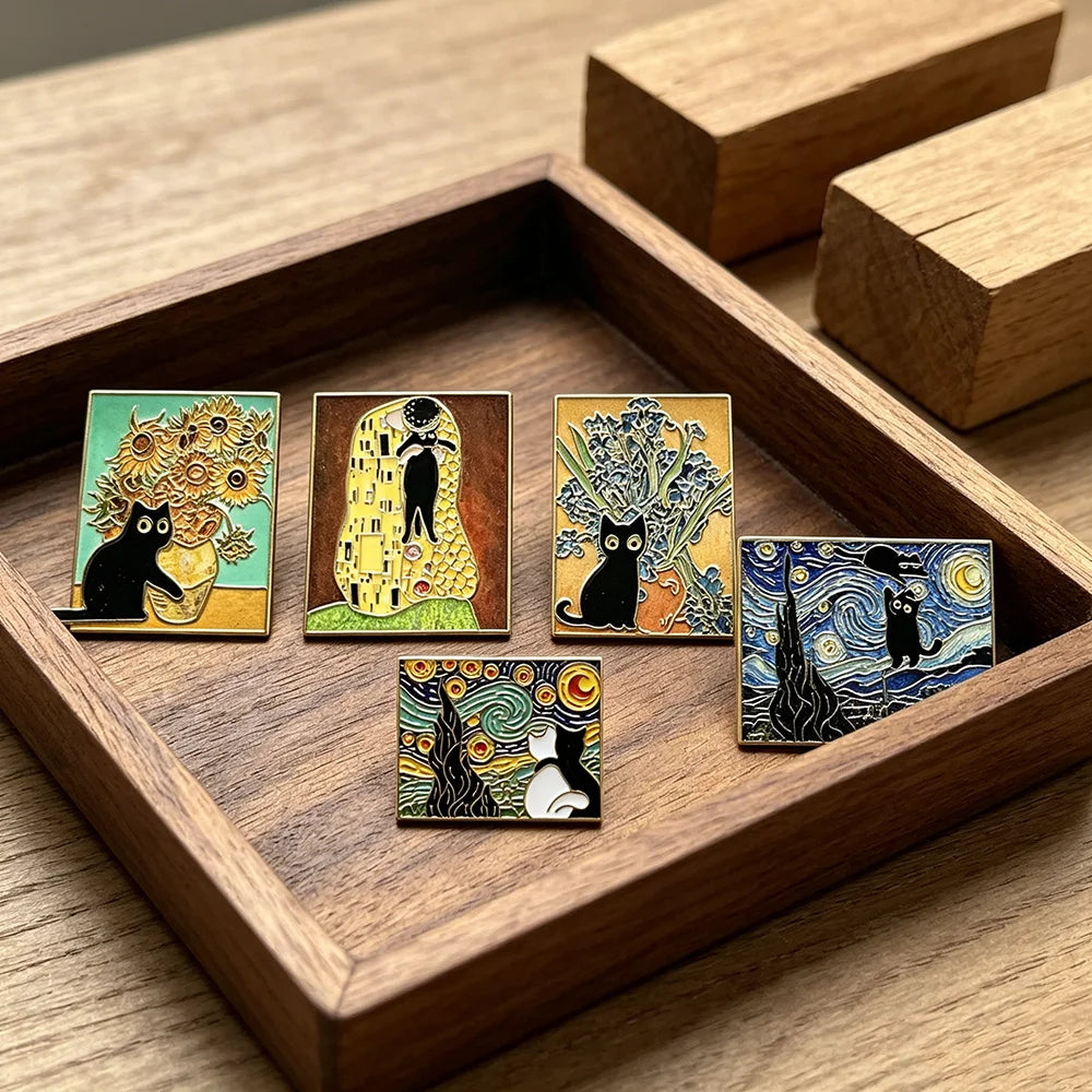 5pcs Famous Painting Black Cat Enamel Pins Set Aesthetic Vintage Sunflower Art Brooches Badge Pins for Backpack fans Collectible