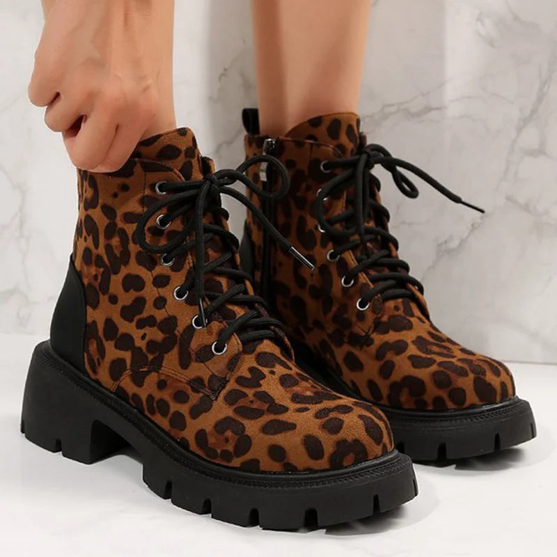 Y2K Leopard Faux Suede Boots for Women Vintage Square Heel Platform Ankle Boots Woman 2025 Autumn Zipper Up Booties Female
