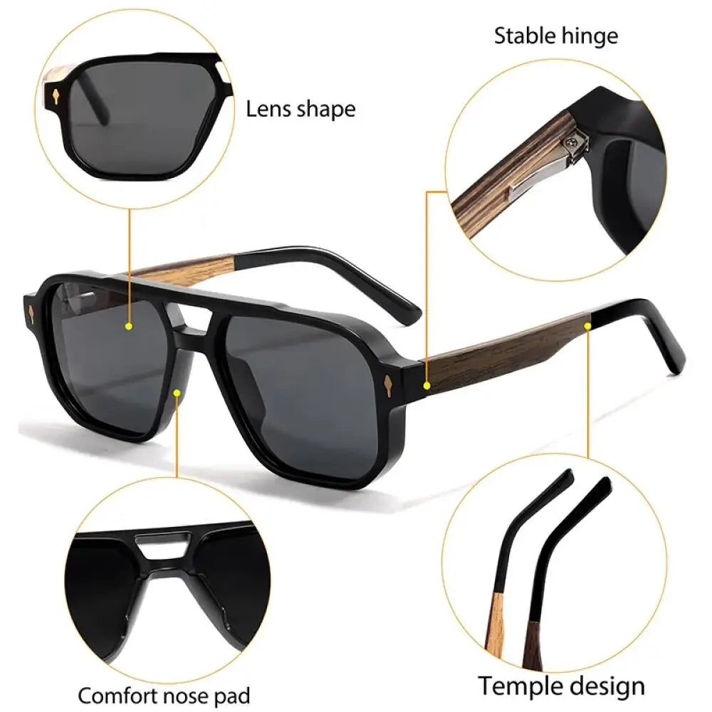 CATERSIDE Men's Polarized Pilot Sunglasses UV400 Premium Tr Frame & Wood Temple Retro Square Sun Glasses for Driving Fishing