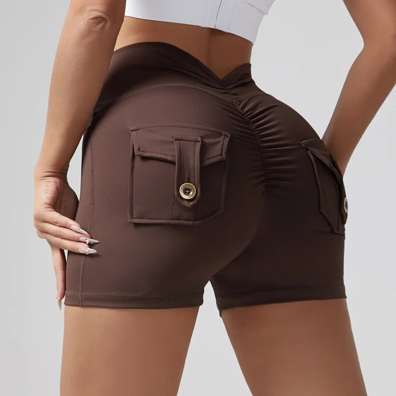 Shorts Wrinkled Tight Hip Tooling Pocket Solid Elastic Waist Yogurt Pant Legging Sets Workout Leggings for Women