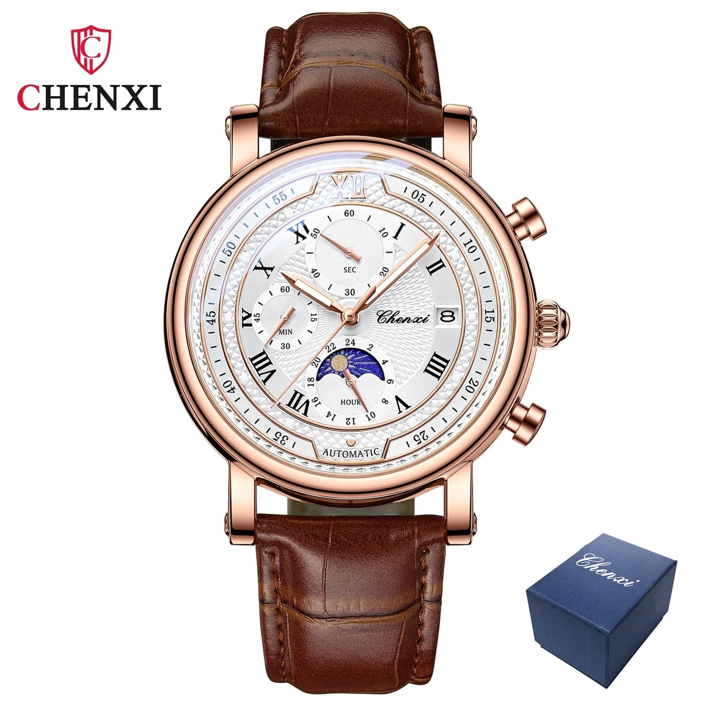 Chenxi Men Leather Chronograph Phase of The Moon Luminous Quartz Watch RoseShell