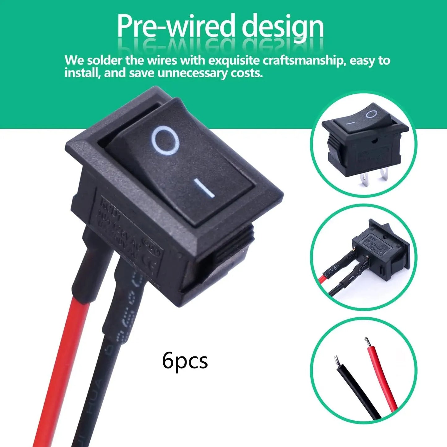 6Pcs Mini Rocker Switch 12 Volt ON Off Toggle Switch with Pre-Wired 6A/250V 10A/125V AC 12V DC Electrical Switches for DIY Apply