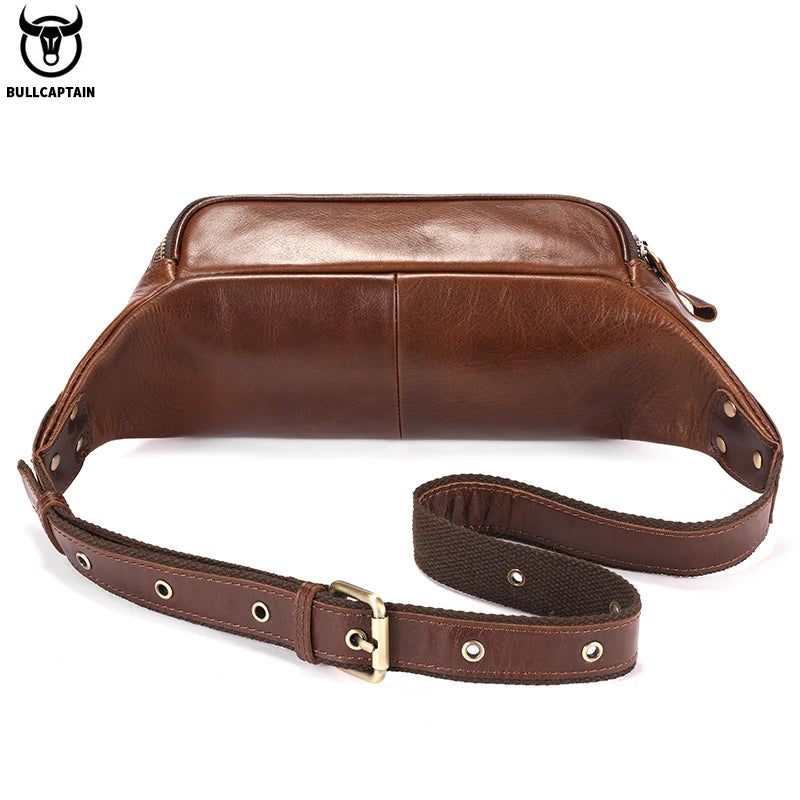 BULLCAPTAIN Men's Genuine Leather Waist Bag Casual Retro Mountaineering Bag Multifunctional Latch Lock Crossbody Chest Bag