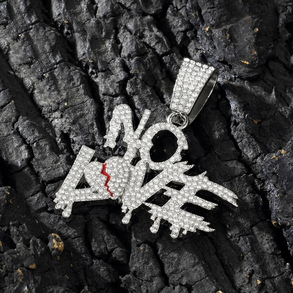 Men Women Hip Hop No Love Heart Letter Pendant Necklace with 13mm Cuban Chain Iced Out Bling Hiphop Necklaces Charm Jewelry Gift