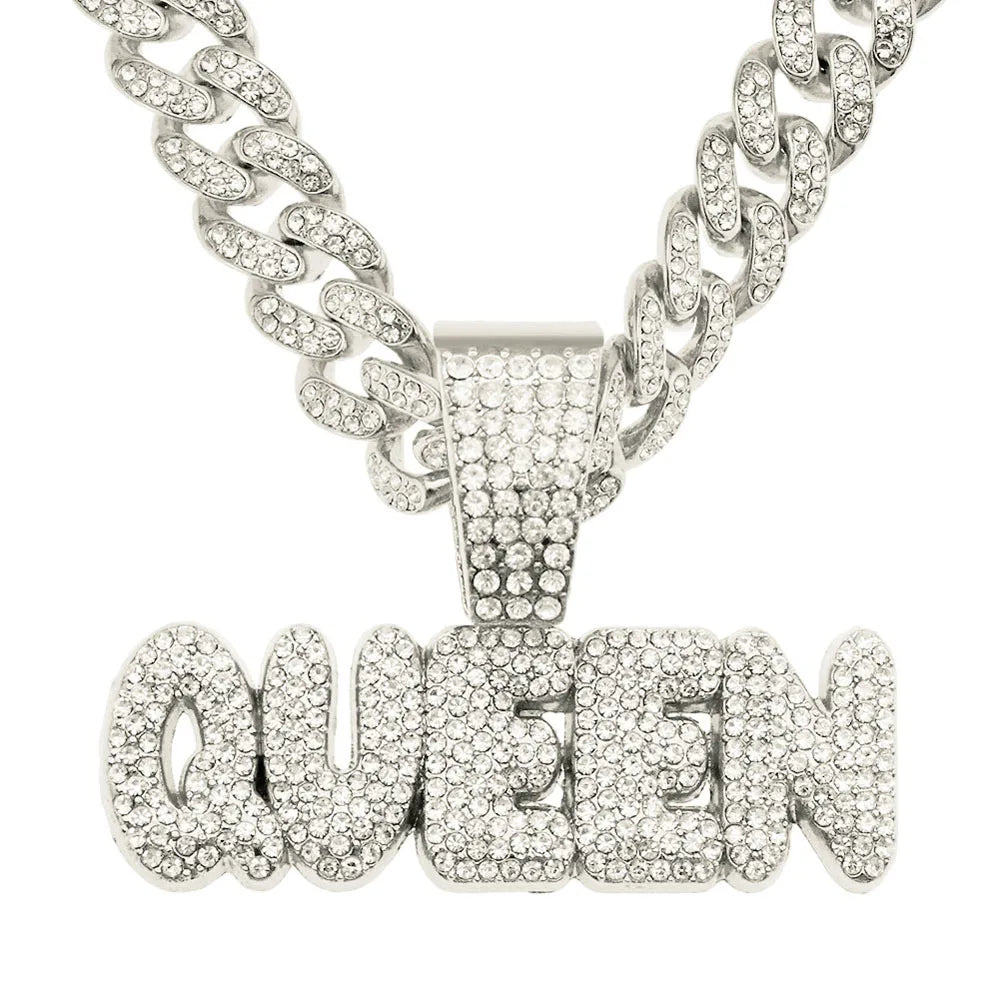 Men Hip Hop KING QUEEN Letter Pendant Necklace with 13mm Miami Cuban Chain Iced Out Bling HipHop Necklaces Fashion Women Jewelry
