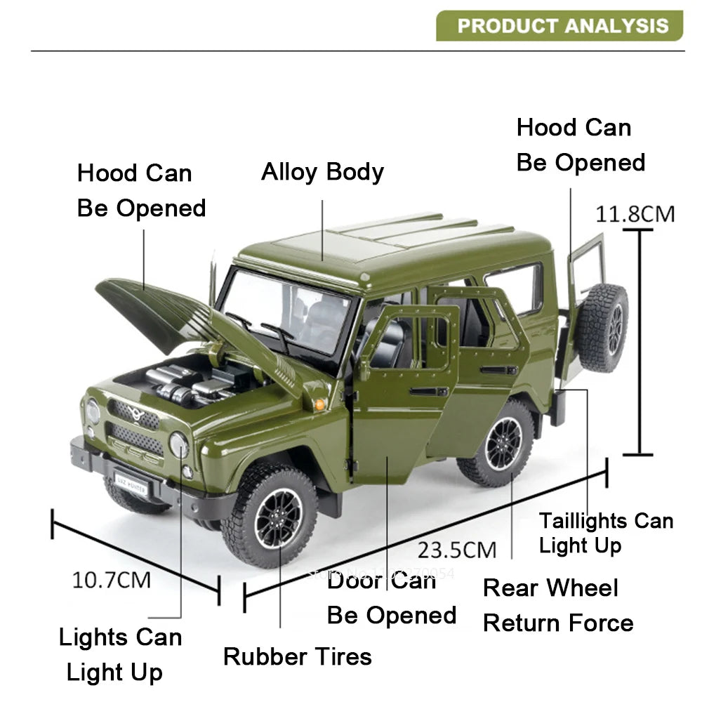 1:18 Russia Alloy UAZ Traveler Hunter Diecast Model Toys Car Spund Light Pull Back 6 Doors Opened Vehices Boy Kids Gift Ornament