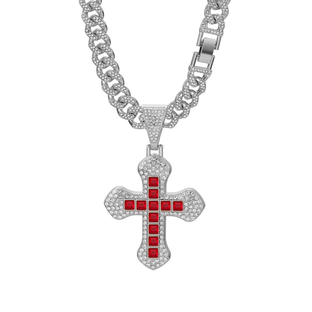 New Iced Out Bling Cross Pendant Necklace Rectangle Rhinestone Red Charm Hip Hop Men Cuban Chain Party Jewelry Accessories Gift