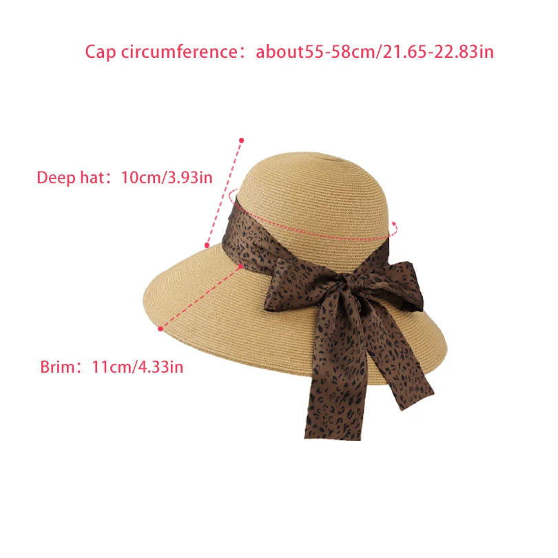 6177-New summer women's high-end leopard print bow hat for beach and resort, with sun protection function.