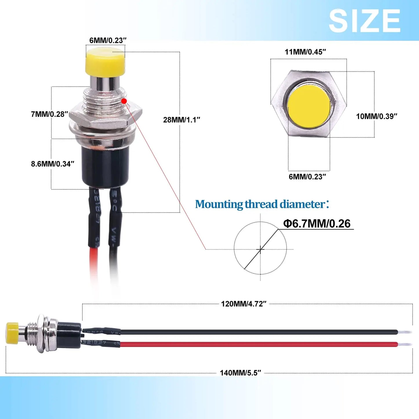 6Pcs 1A 250V AC 2 Pins SPST 6 Colors Normal Open Mini Momentary Push Button Switch with Pre-soldered Wires